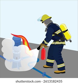 Fireman putting out a fire on a ship