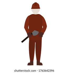 Fireman at red Fire Fighter Uniform and Helmet holding ax in his hand. Flat vector illustration.