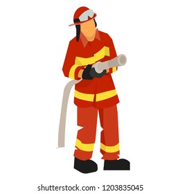 A fireman in a red fireproof form stands with a fire hose.