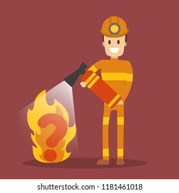 Fireman in red uniform fighting fire with extinguisher. Emergency worker with a question mark.