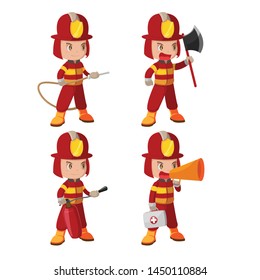 Fireman Rescue Character Action Set Vector