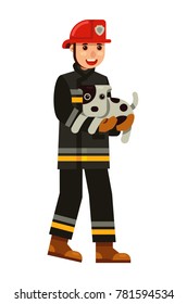 Fireman Rescue A Cute Dog In Flat Style Vector Illustration