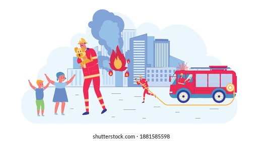 Un hombre de fuego rescatando a un perro de la casa quemando una ilustración vectorial de dibujos planos. Niños Felices Tomando Mascotas Salvadas. Bombero con manguera extinguiendo la llama en el edificio. Servicio de emergencias. Ayuda.