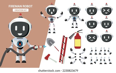 Diseño vectorial del kit de creación de robots Fireman. Piezas de caracteres modificables para el combatiente contra incendios de robots para la recolección de caracteres de seguridad y protección. Ilustración vectorial.
