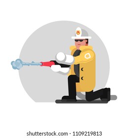 Fireman sat down and extinguishes the fire. Vector illustration, EPS 10