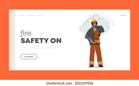 Fireman Saving Dog from Fire Landing Page Template. Firefighter in Costume and Helmet Holding Animal on Hands Carry Out of Burning House. Dangerous Rescuer Profession. Cartoon Vector Illustration