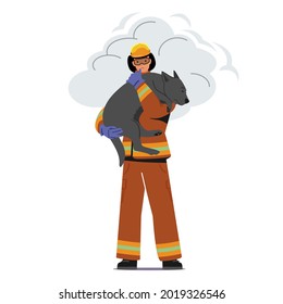 Fireman Saving Dog from Fire. Strong Firefighter in Protective Costume and Helmet Holding Animal on Hands Carry Out of Burning House. Dangerous Rescuer Profession. Cartoon Vector Illustration