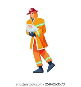 Fireman saving newborn baby from fire, isolated hero man with kid. Vector flat cartoon character, firefighter in uniform dealing with emergency, putting out flames and eliminating danger