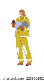Fireman saving people, isolated firefighter holding child on hands rescuing from burning place. Emergency and urgent services to help people. Man in protective suit and helmet. Vector in flat style