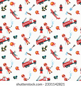 Fireman seamless pattern. Fireman, hydrant, fire helicopter, fire plane. Design for fabric, textile, wallpaper, packaging.	
