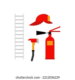 Fireman set icon. Fire extinguisher and axe. ladder and fireman's helmet