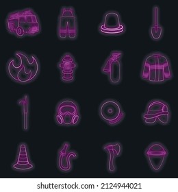 Fireman set icons in neon style isolated on a black background