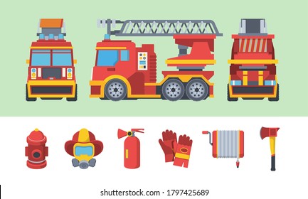 Fireman set. Special fire fighting vehicle fleet outdoor water column mask with respirator protective gloves hydrant hose reel ax specialized machine with ladder. Protective vector cartoon.