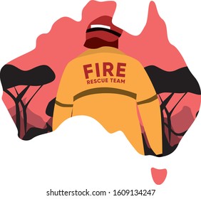Fireman in shape of Australia. Burning forest. Awareness, help, donation. Vector illustration 