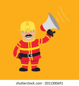 Fireman Shouting auf Megaphone Flach Vektorgrafik Illustration 