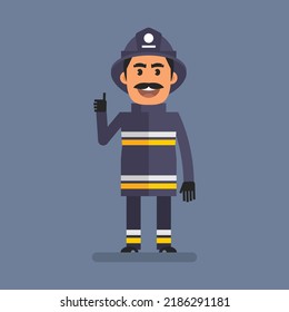 Fireman showing thumbs up. Flat people. Vector Illustration