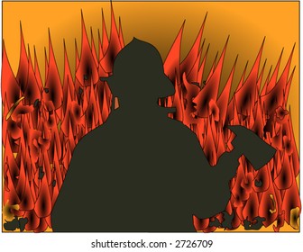 Fireman silhouette with flames in the background vector