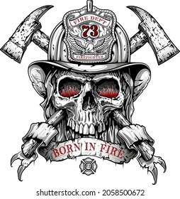 fireman skull emblem in helmet with axes