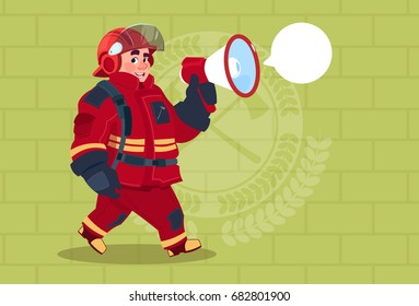 Fireman Speaking In Megaphone Wear Uniform And Helmet Adult Fire Fighter Over Brick Background Flat Vector Illustration