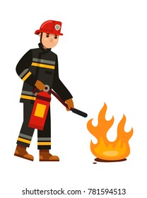 fireman spraying fire with fire extinguisher flat style vector illustration