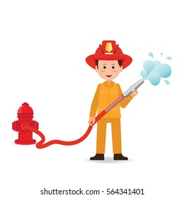 Fireman spraying a water hose isolated on white background, cartoon character flat design vector illustration.