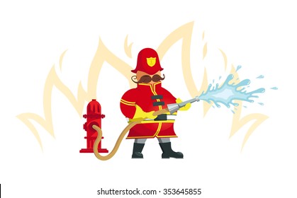 Fireman Spraying A Water Hose - Vector Illustration. Objects Grouped For Easy Editing.