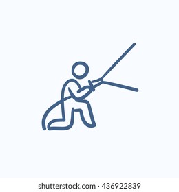 Fireman spraying water vector sketch icon isolated on background. Hand drawn Fireman spraying water icon. Fireman spraying water sketch icon for infographic, website or app.