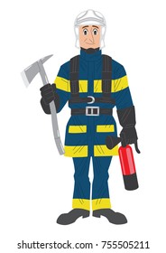 A fireman standing with his work equipment.
