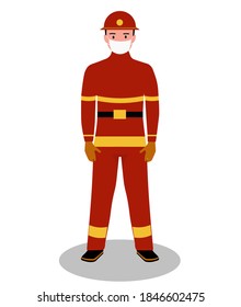 Fireman is standing in medical mask and white background. Concept of covid19. Vector illustration