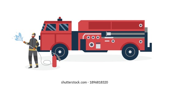 Fireman standing near fire truck equipped for rescue and firefighting, flat vector illustration isolated on white background. Firefighter and emergency vehicle.