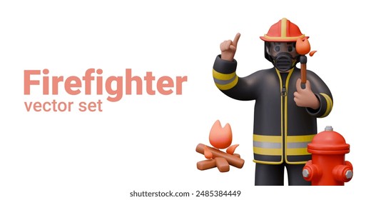 Fireman stands near fireplug and holds lit match, firewood is burning