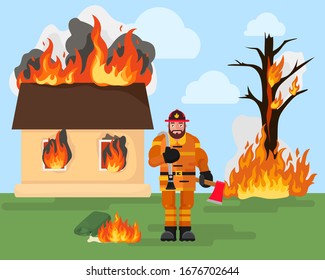 Fireman stands next to burning house vector illustration. Rescuer firefighter with safety uniform and emergency equipment hose and ax. Flammable liquid tank, fire due to arson.