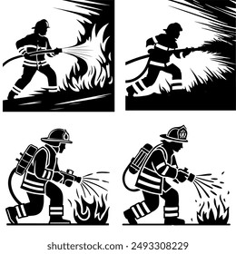 A fireman in a suit puts out a fire with a water hose. Vector monochrome flat professional silhouette