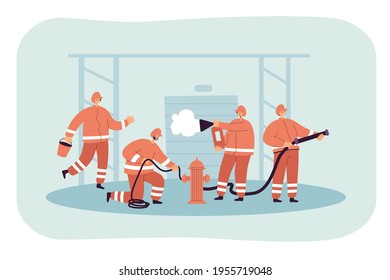 Fireman Team Fighting Fire, Rescuing People And Buildings. Flat Vector Illustration. Team Using Professional Equipment, Observing Safety Measures, Aiding People. Wildfire, Emergency Service Concept