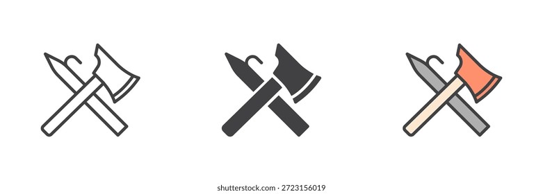 Fireman tools crossed axe and shovel icon set. Line and solid icon style, outline vector sign and symbol with editable stroke for fire icon.