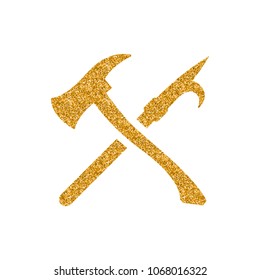 Fireman tools icon in gold glitter texture. Sparkle luxury style vector illustration.