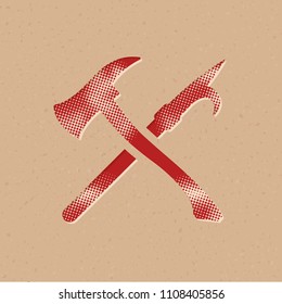 Fireman tools icon in halftone style. Grunge background vector illustration.