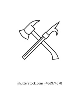 Fireman tools icon in thin outline style. Department firefighter service emergency rescue badge