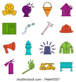 Fireman tools icons set. Doodle illustration of vector icons isolated on white background for any web design