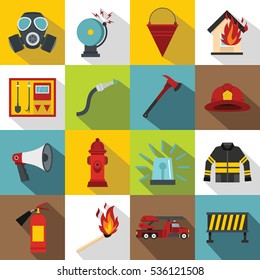 Fireman tools icons set. Flat illustration of 16 fireman tools vector icons for web