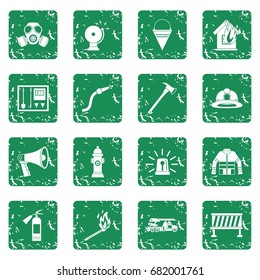 Fireman tools icons set in grunge style green isolated vector illustration
