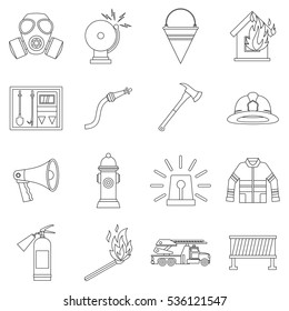 Fireman tools icons set. Outline illustration of 16 fireman tools vector icons for web