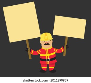 Fireman Con Dos Banners Ilustración De Caricatura De Vector Plano 