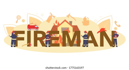 Fireman typographic header. Professional fire brigade firhting with flame. Character wearing a helmet and uniform holding a hydrant hose, watering burning building. Isolated flat vector illustration