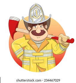 Fireman in uniform with ax. Eps10 vector illustration. Isolated on white background