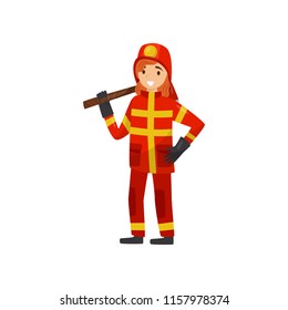Fireman in uniform with axe, firefighter character at work vector Illustration on a white background