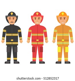 Fireman in uniform character set vector flat figures of rescue firefighter in safe helmet and uniform.The professional rescuer employees of the emergency service.Icon an avatar of person for websites
