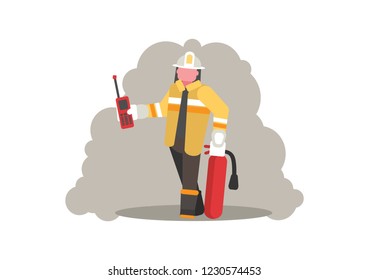 Fireman in a uniform, with a fire extinguisher and a ration