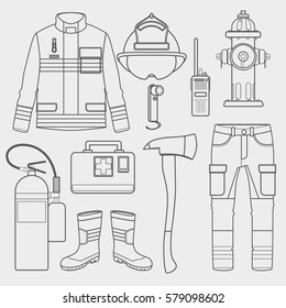 fireman uniform and first help equipment set and instruments.