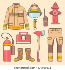 fireman uniform and first help equipment set and instruments.